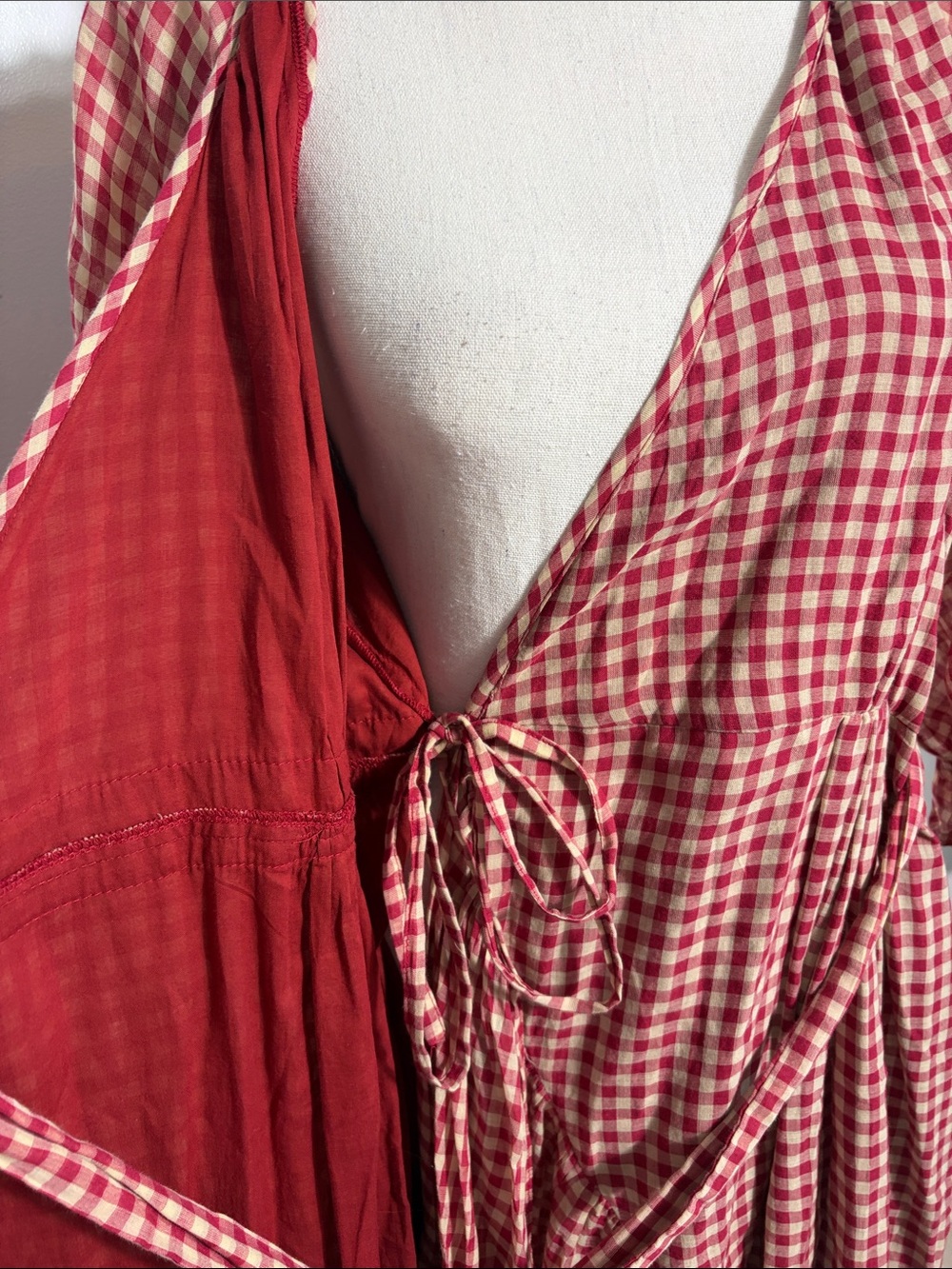 Khara Kapas Red Gingham Cotton Wrap Maxi Dress - Feminine Tie Waist XL - Picture 6 of 8